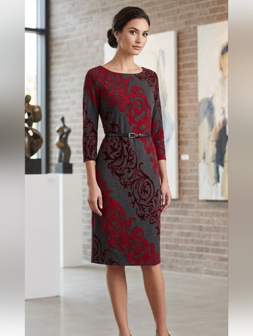 Beige By ECI Paisley Design 3/4 Sleeve Midi Dress Sz Small